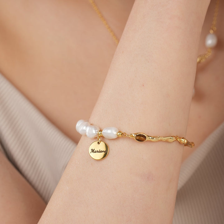 Personalized Name Disc Charm Bracelet - Natural Baroque Pearl Tiger's Eye Bracelet