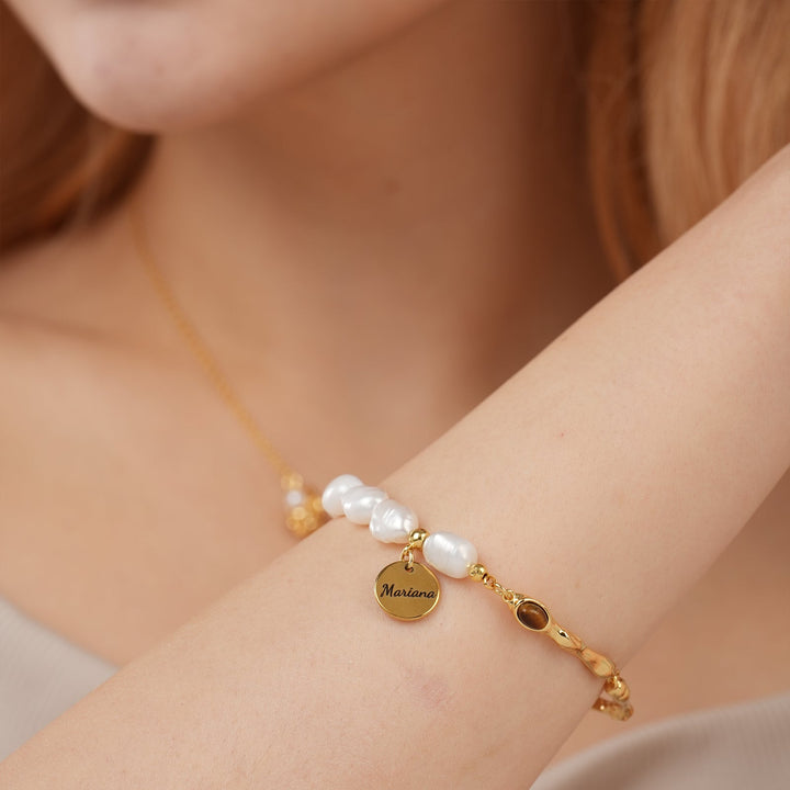 Personalized Name Disc Charm Bracelet - Natural Baroque Pearl Tiger's Eye Bracelet