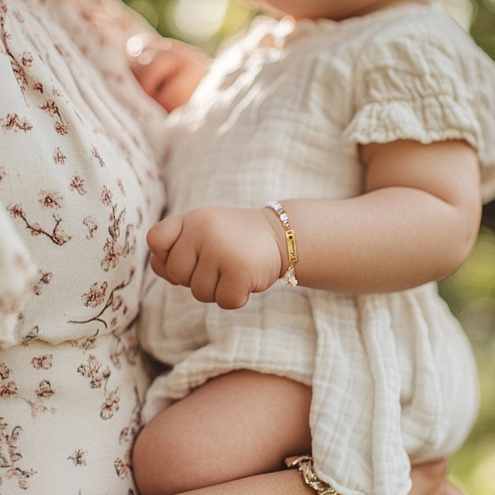 Custom Baby Name Bracelet with Pearls, Birthstone & Four-Leaf Clover Charm