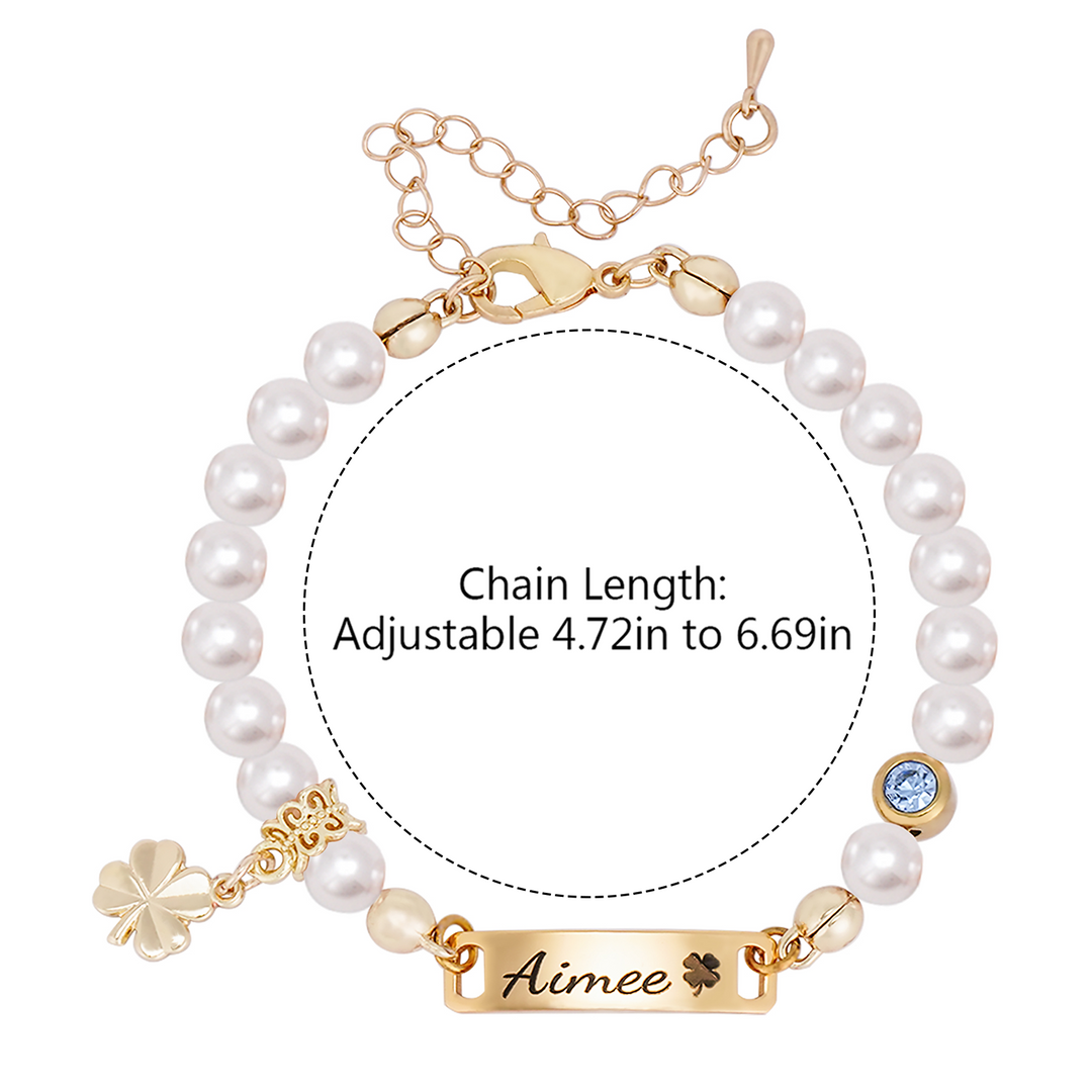Custom Baby Name Bracelet with Pearls, Birthstone & Four-Leaf Clover Charm – Personalized Infant Jewelry Gift