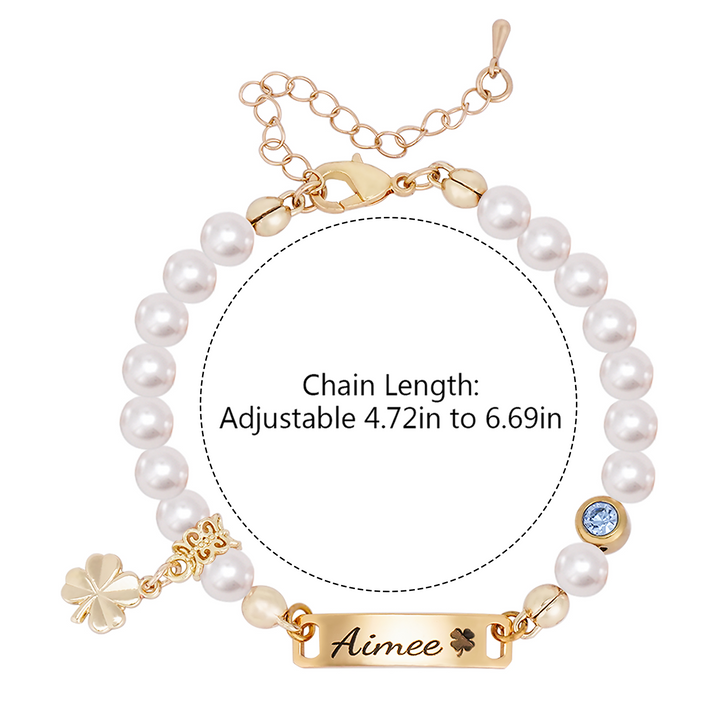 Custom Baby Name Bracelet with Pearls, Birthstone & Four-Leaf Clover Charm – Personalized Infant Jewelry Gift