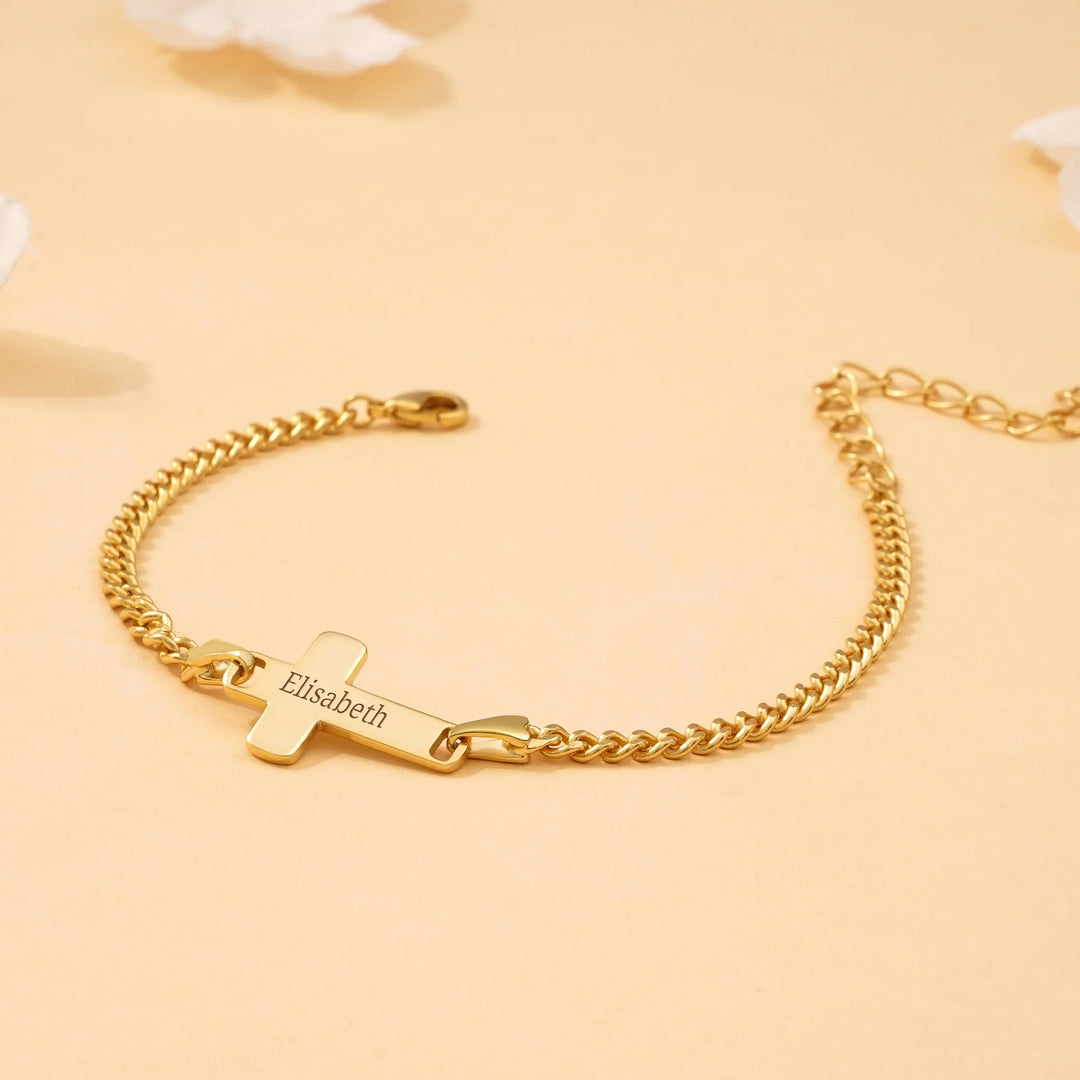 Personalized Children's Cross Name Bracelet – Sterling Silver with Gold Plating