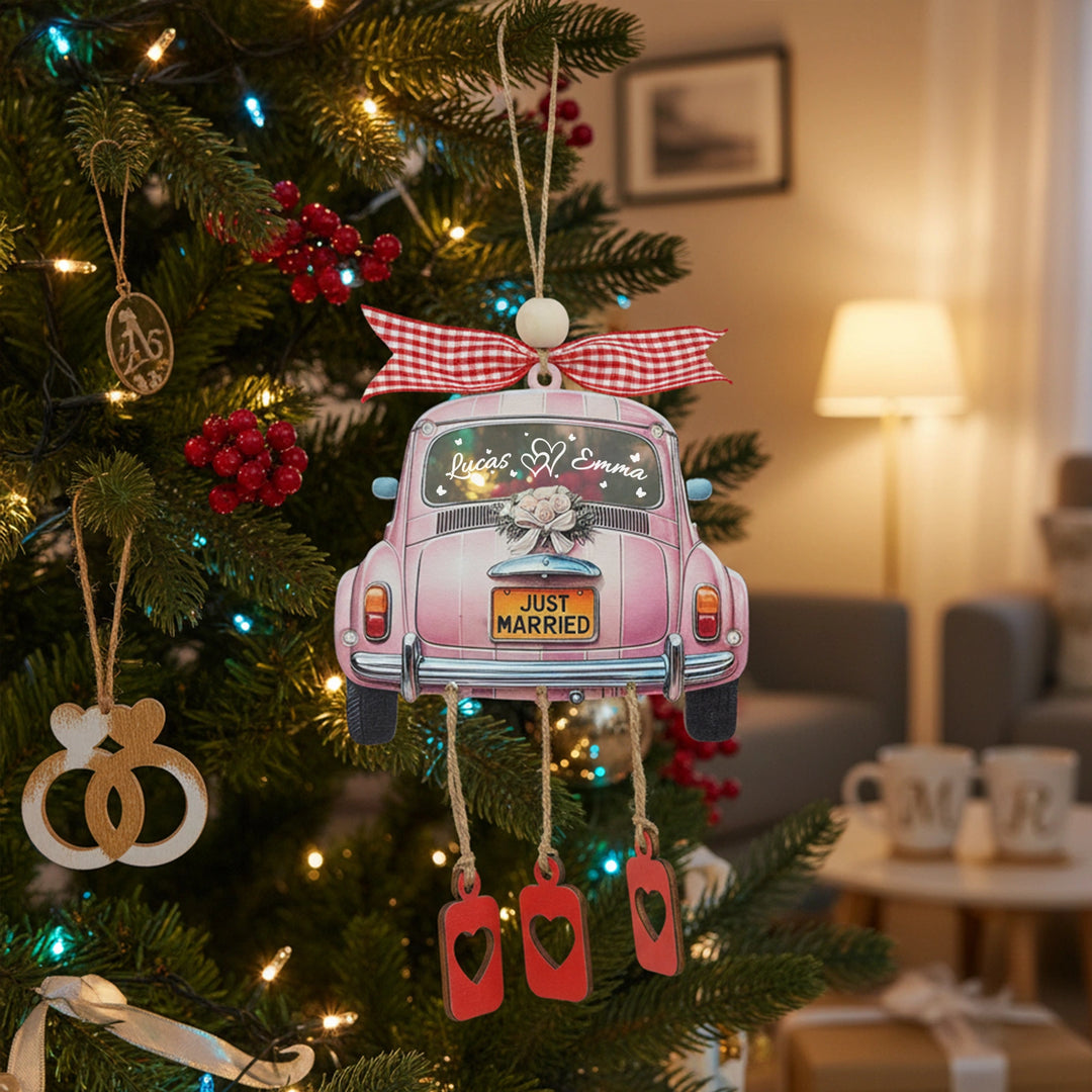 Personalized Just Married 3D Car Ornament | Custom Names & Year