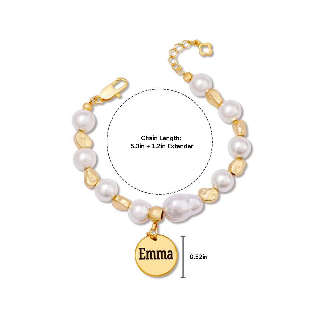 Personalized Baroque Pearl Engraved Name Disc Charm Girls Bracelet