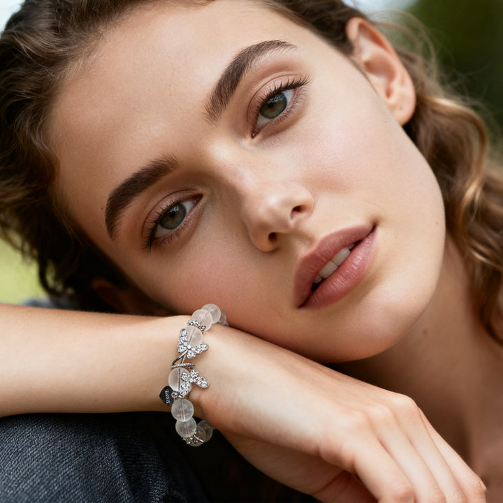 Halloween Gothic Butterfly Custom Name Bracelet – White Crystal Beads & Engraved Gunmetal Butterflies