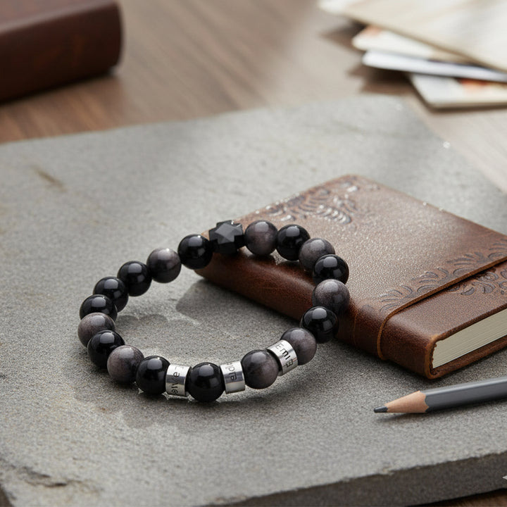 Personalized customizable name men's natural black volcanic stone beaded bracelet