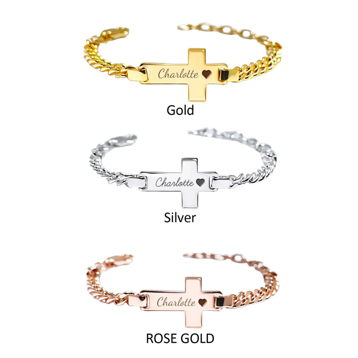 Personalized Children's Cross Name Bracelet – Sterling Silver with Gold Plating