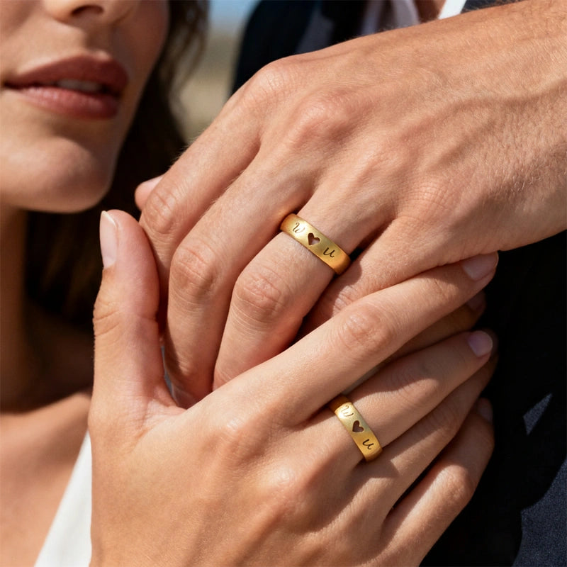 Personalized Name Engraved Hollow Heart Ring – Custom Gift for Couple