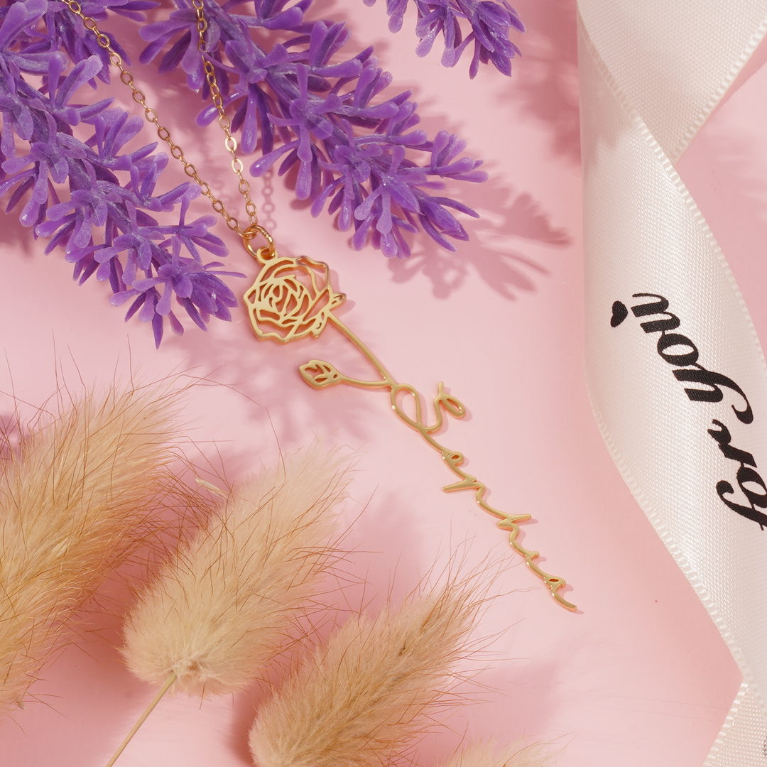 Personalized Birth Flower Name Necklace