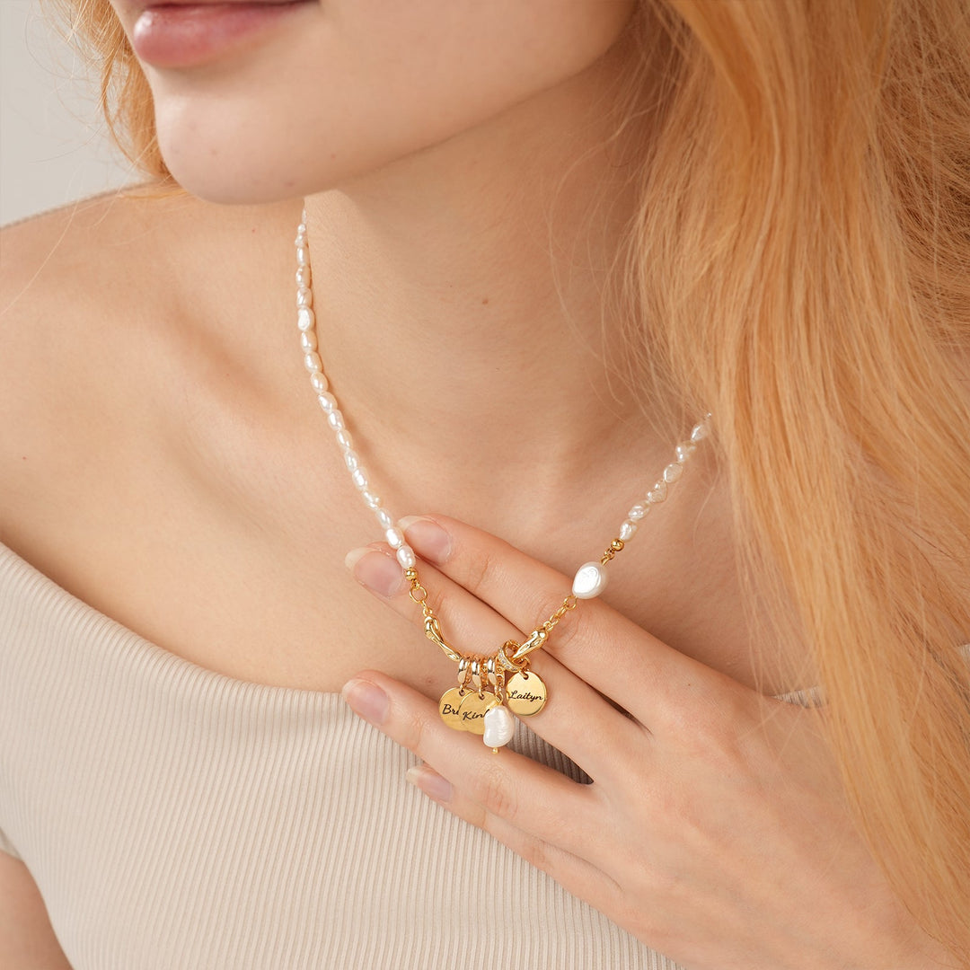 Personalized Family Name Natural Freshwater Baroque Pearl Disc Pendant Necklace