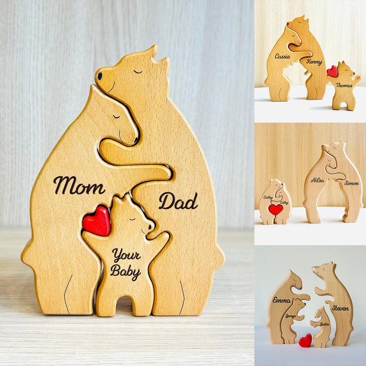 Personalized Bear Family Puzzle with 2-10 Family Name,Wooden Sculpture Decor, for Christmas/Birthday/House Warming