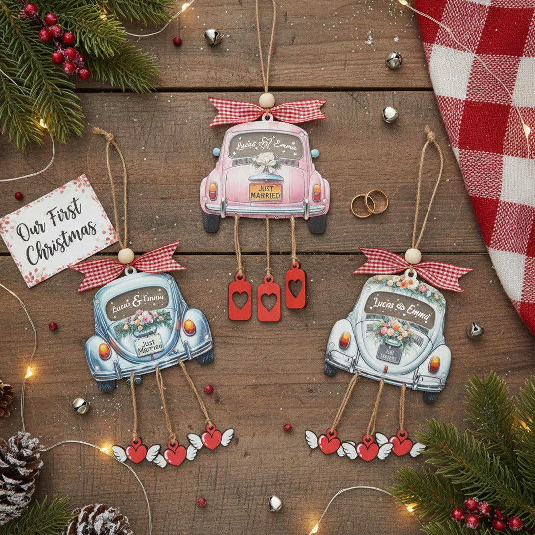 Personalized Just Married 3D Car Ornament | Custom Names & Year