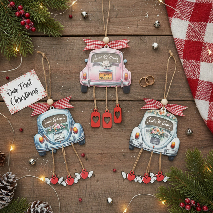 Personalized Just Married 3D Car Ornament | Custom Names & Year