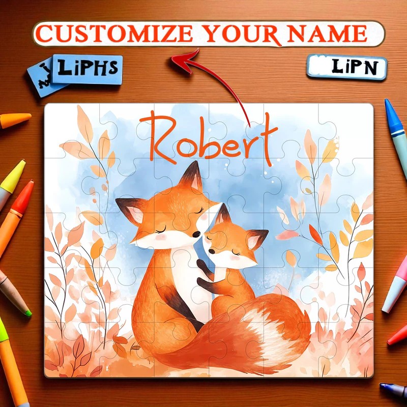 Personalized Autumn Fox Name Puzzle – Fall-Themed Wooden Puzzle for Toddlers