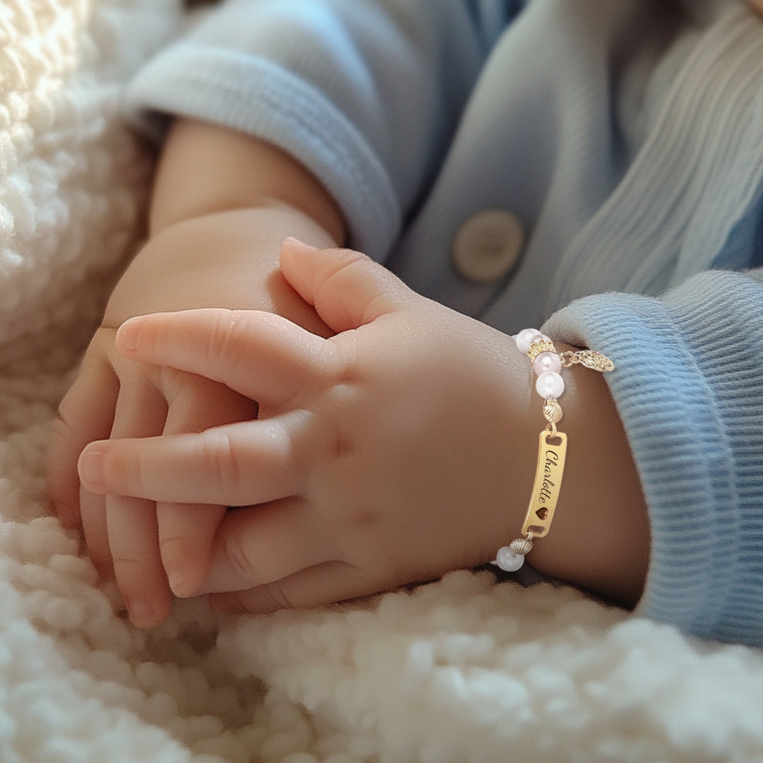 Personalized Hand-Woven Baby Name Pearl Bracelet with Birth Month Flower