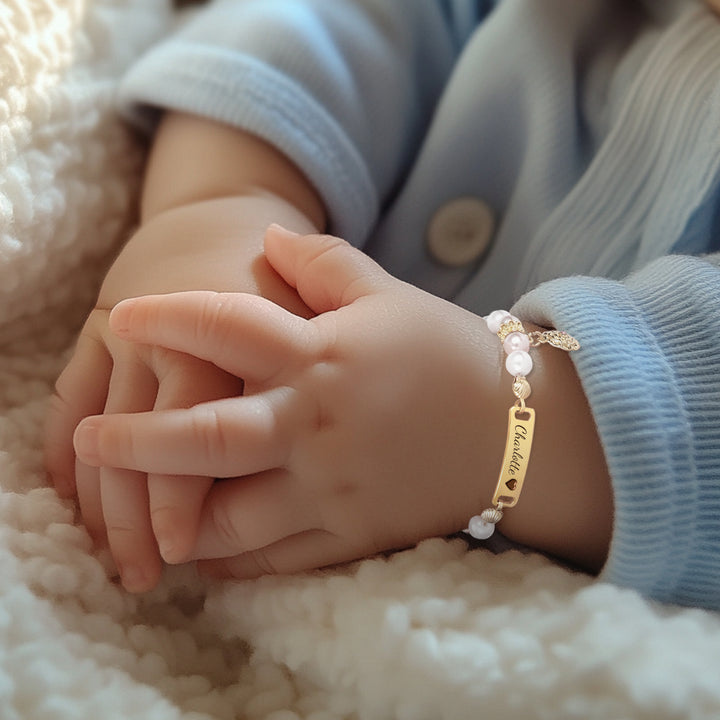 Personalized Hand-Woven Baby Name Pearl Bracelet with Birth Month Flower