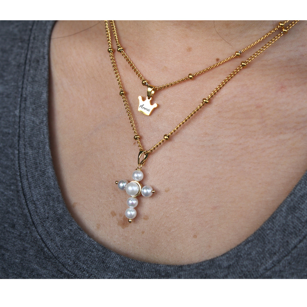 Personalized Pearl Cross Crown Name Double Necklace