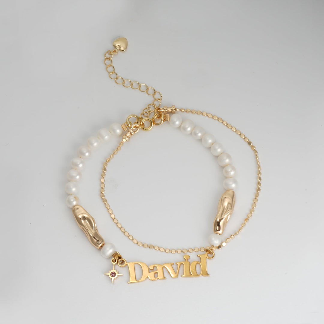 Personalized natural freshwater pearl name birthstone bracelet set
