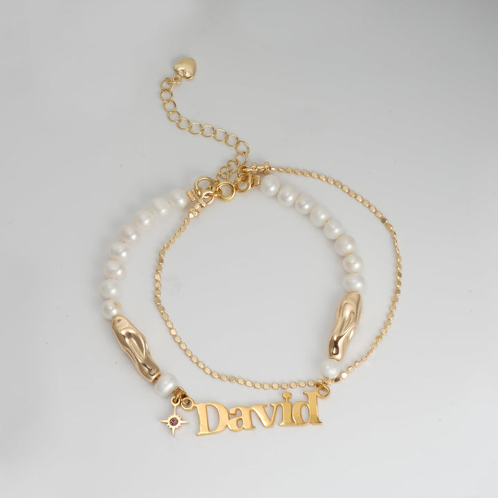 Personalized natural freshwater pearl name birthstone bracelet set