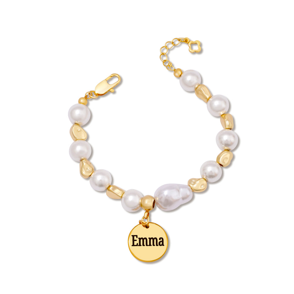 Personalized Baroque Pearl Engraved Name Disc Charm Girls Bracelet