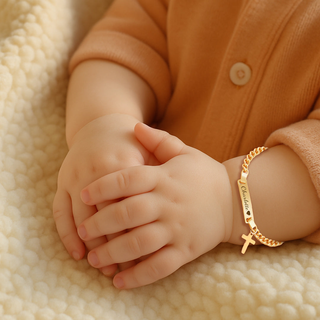 Personalized Baby Name Bracelet with Birthstone and Cross – Custom Gift for Boys & Girls