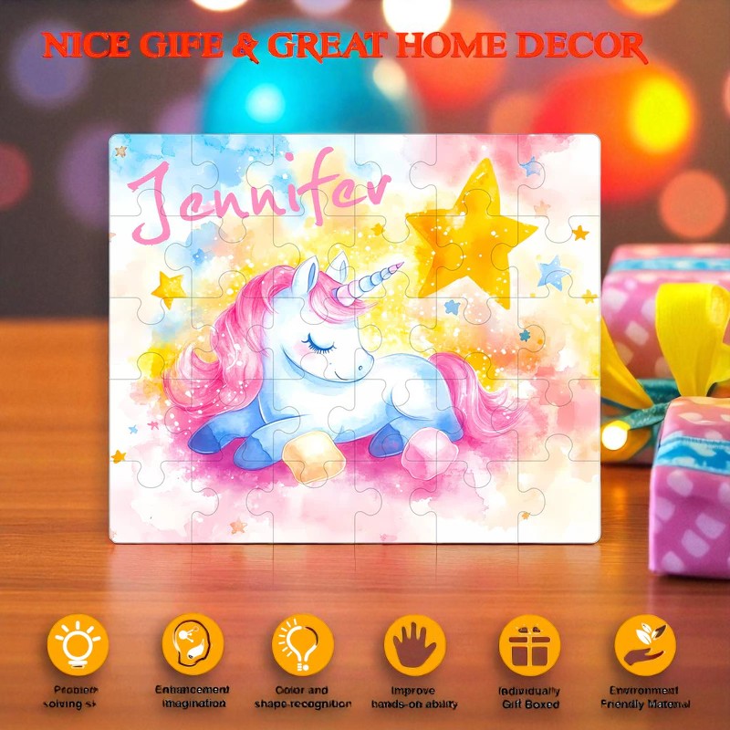 Personalized Sleeping Unicorn Name Puzzle – Custom Wooden Puzzle for Girls