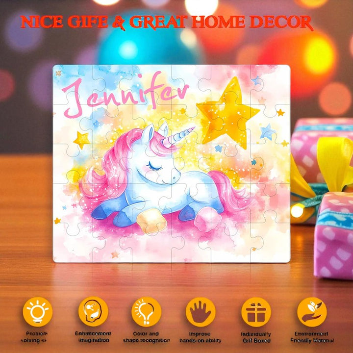 Personalized Sleeping Unicorn Name Puzzle – Custom Wooden Puzzle for Girls
