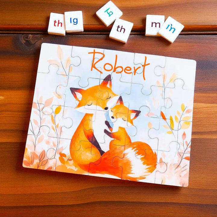 Personalized Autumn Fox Name Puzzle – Fall-Themed Wooden Puzzle for Toddlers