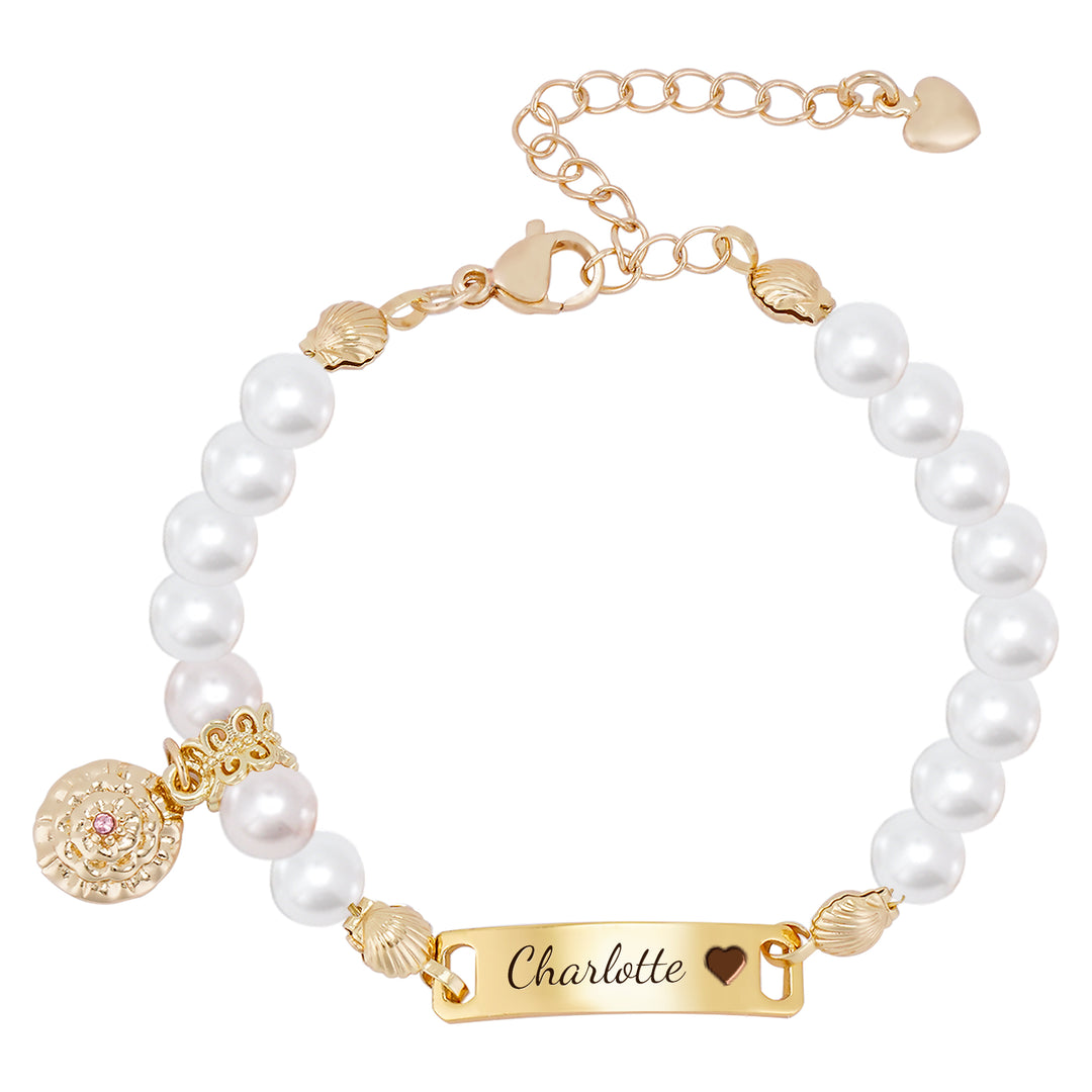 Personalized hand-woven baby name pearl bracelet with birthday flower