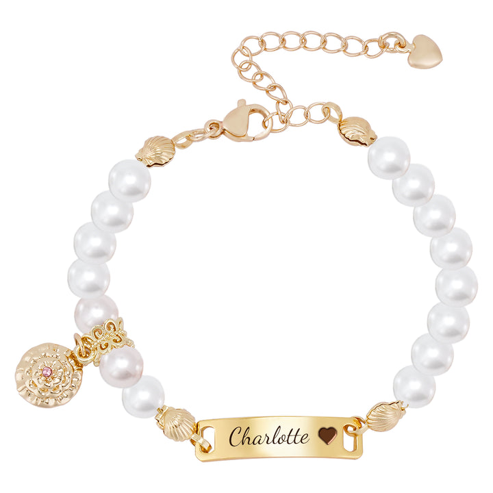 Personalized hand-woven baby name pearl bracelet with birthday flower