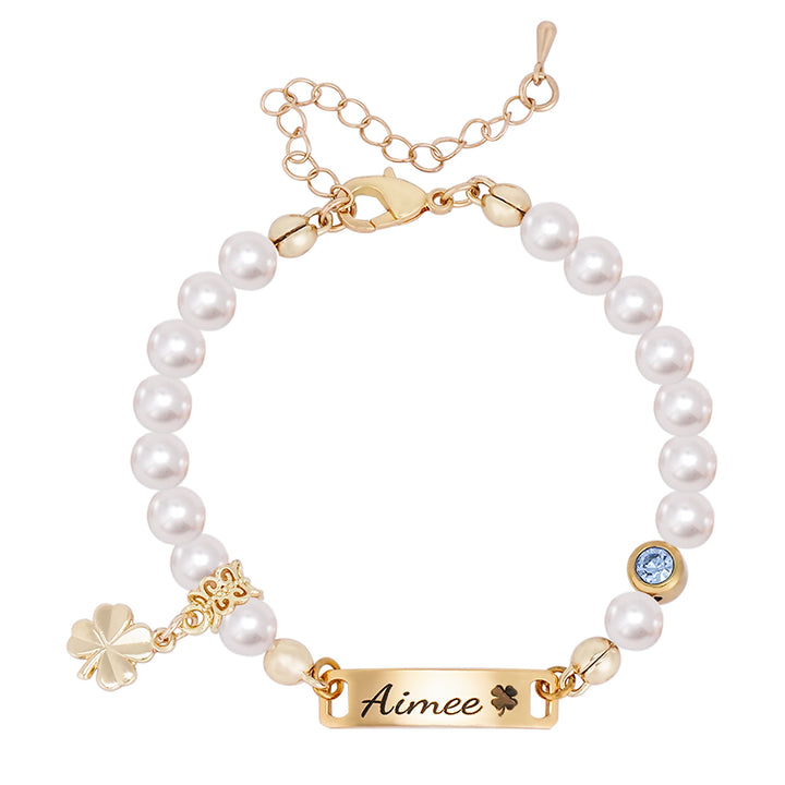 Custom Baby Name Bracelet with Pearls, Birthstone & Four-Leaf Clover Charm – Personalized Infant Jewelry Gift