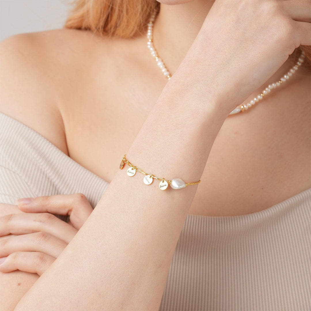 Personalized Names Charm Bracelet - Natural Baroque Pearl Paperclip Bracelet