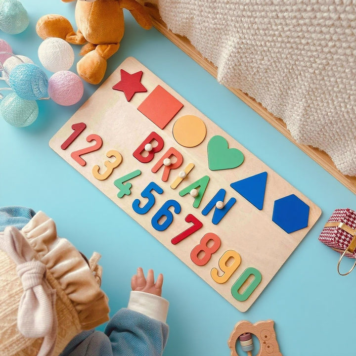 Personalized Wooden Name Puzzle with Numbers & Shapes – Educational Baby Learning Toy
