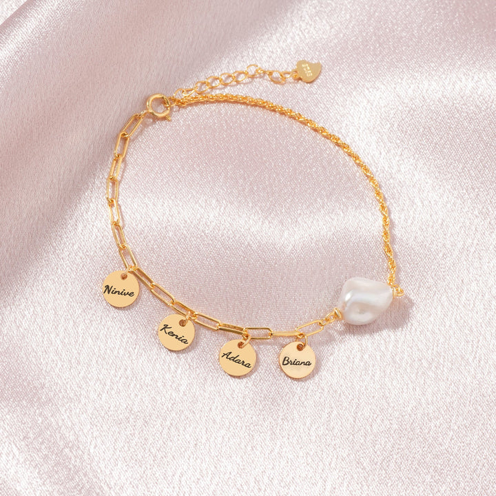 Personalized Names Charm Bracelet - Natural Baroque Pearl Paperclip Bracelet