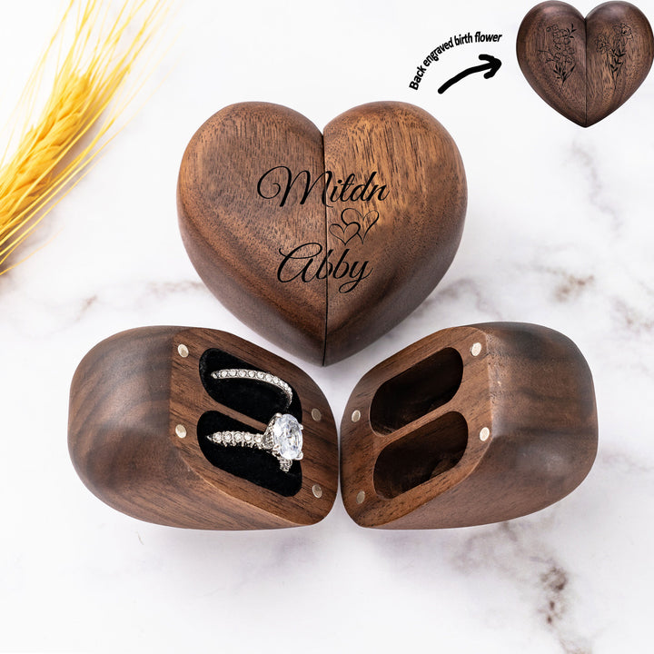 Personalized Wooden Ring Box & Gift Couples With Engraved Birth Flowers On The Back