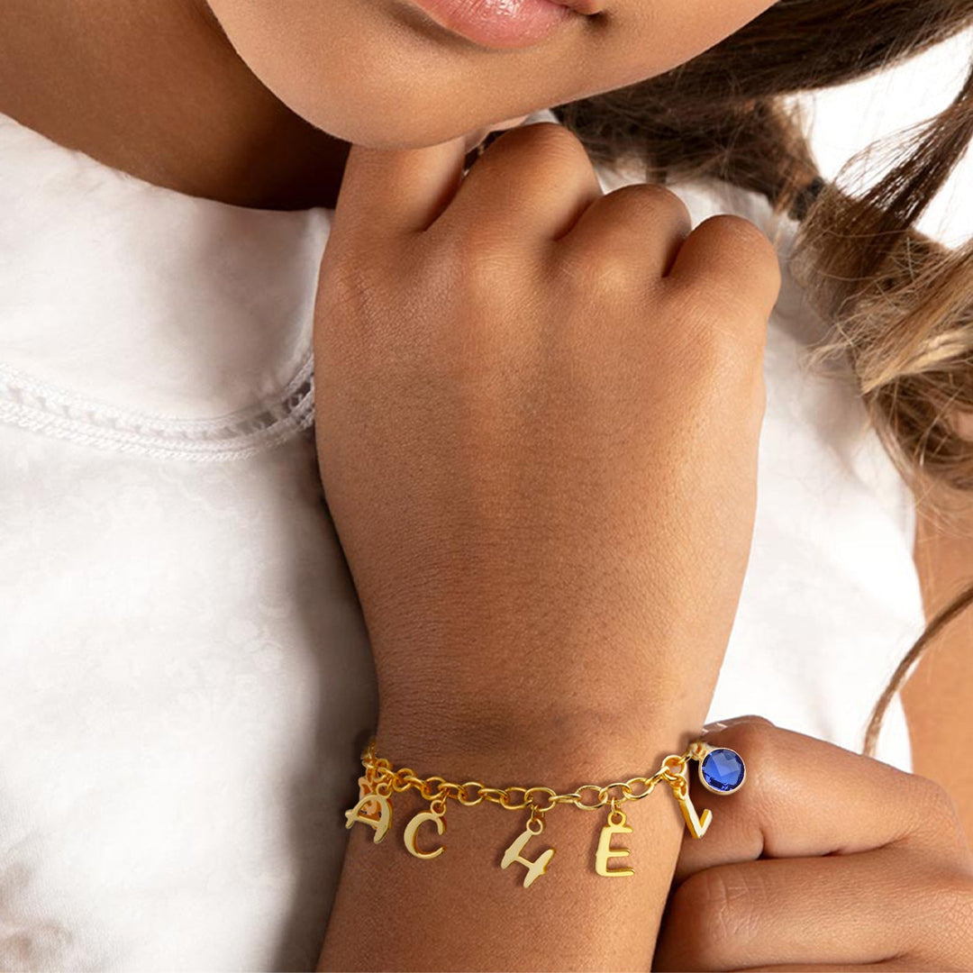 Personalized Kids Letter & Birthstone Charm Bracelet – Sterling Silver Adjustable Gift