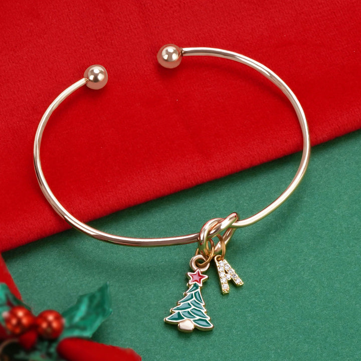 Custom Christmas Tree Bracelet with Rhinestone Letter Charm – Adjustable Holiday Jewelry Gift
