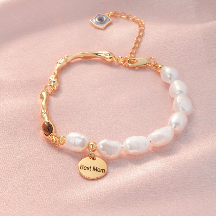 Personalized Name Disc Charm Bracelet - Natural Baroque Pearl Tiger's Eye Bracelet