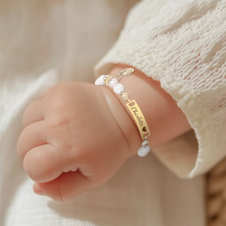 Personalized Hand-Woven Baby Name Pearl Bracelet with Birth Month Flower
