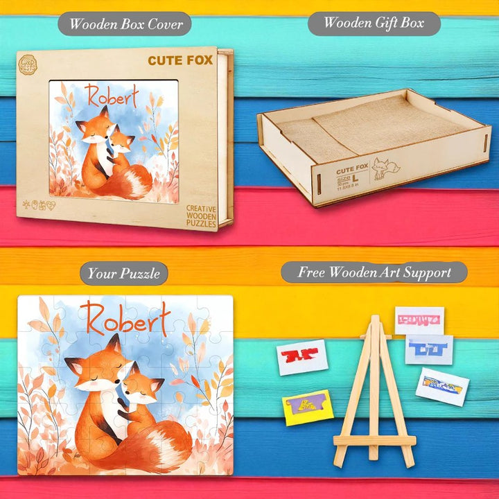 Personalized Autumn Fox Name Puzzle – Fall-Themed Wooden Puzzle for Toddlers