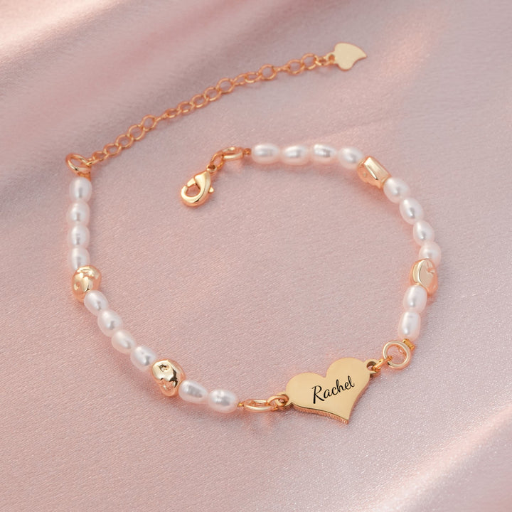 Personalized heart-shaped natural freshwater pearl bracelet with name engraved