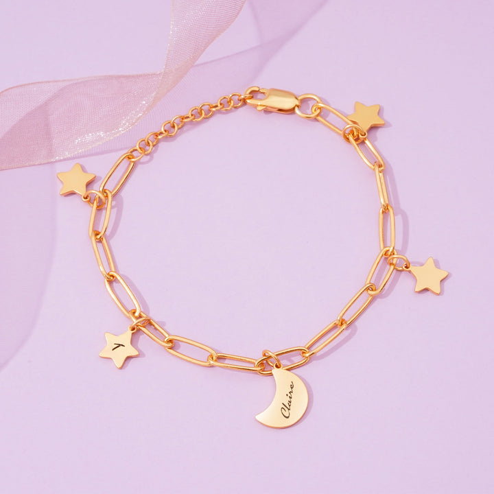 Personalized Star & Moon Name Bracelet for Kids – Sterling Silver, Adjustable Keepsake