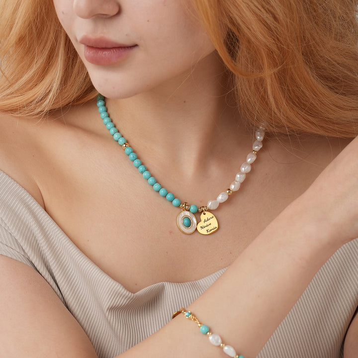 Personalized Name Heart Pendant - Natural Baroque Pearl and Turquoise Necklace