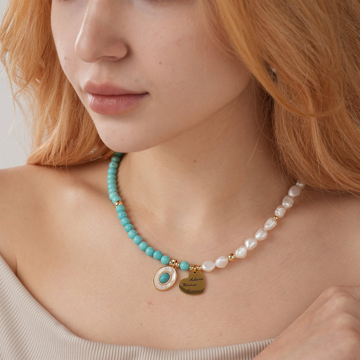Personalized Name Heart Pendant - Natural Baroque Pearl and Turquoise Necklace