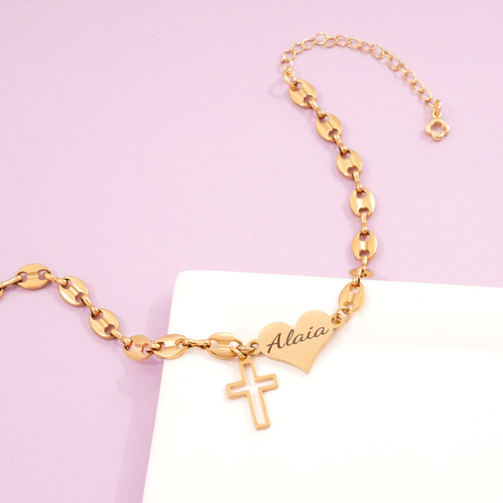 Engravable Pig Nose Chain Name Bracelet with Heart & Cross Charm – ASTM-Safe Girls Gift