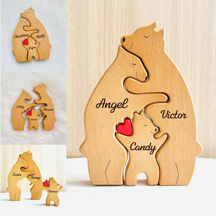 Personalized Bear Family Puzzle with 2-10 Family Name,Wooden Sculpture Decor, for Christmas/Birthday/House Warming