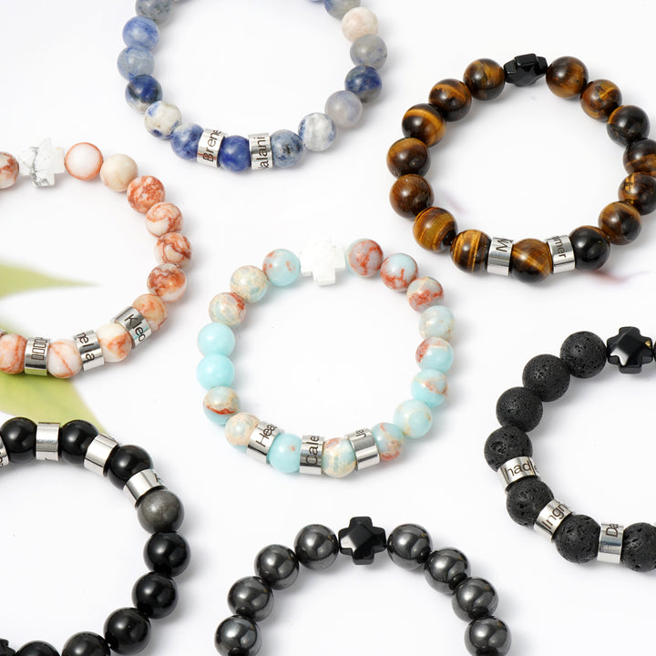 Personalized natural stone bead bracelet (Sea Blue Serpentine)