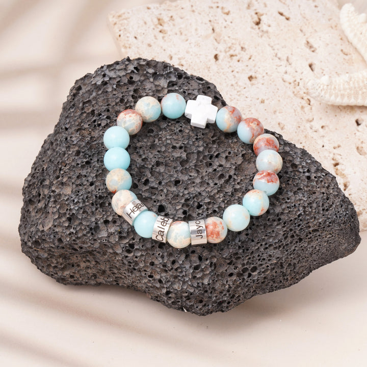 Personalized natural stone bead bracelet (Sea Blue Serpentine)