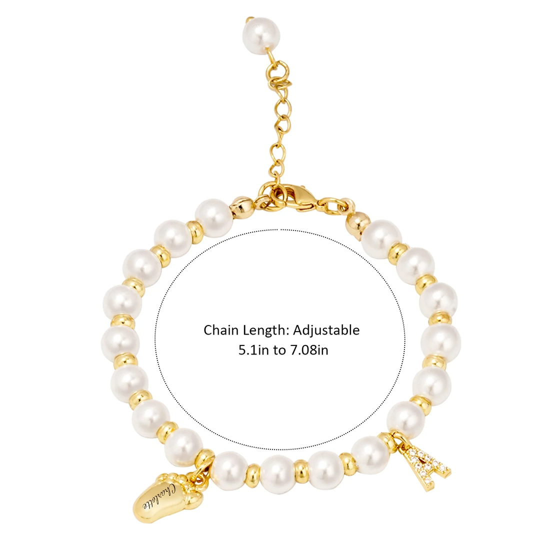 Personalized Baby Name Pearl Bracelet with Foot & Initial Charm – Adjustable Keepsake Gift