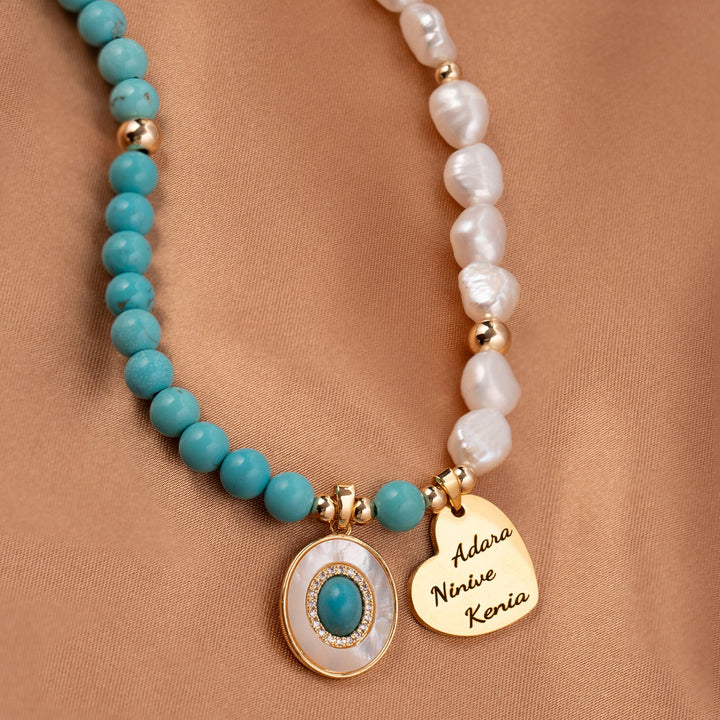Personalized Name Heart Pendant - Natural Baroque Pearl and Turquoise Necklace